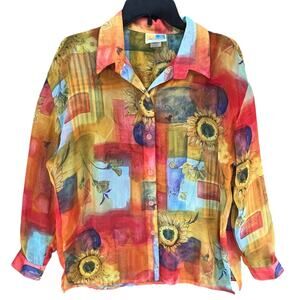 Sea Suns Shirt Womens L Multicolor Sunflower Sheer Button Up Blouse Vintage Boho